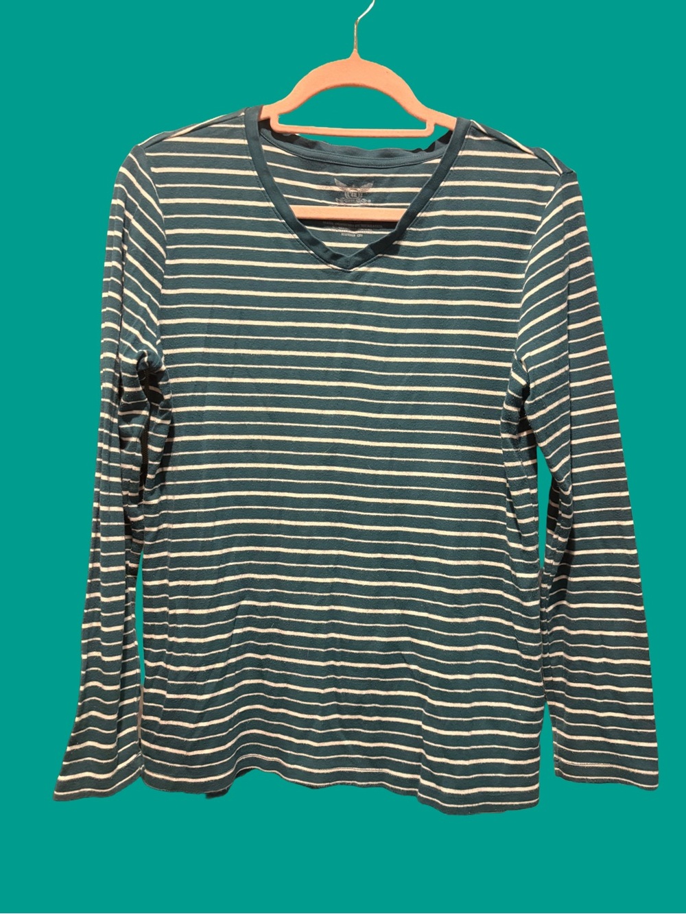 Faded Glory Teal & White Striped V-Neck Long Sleeve Top
